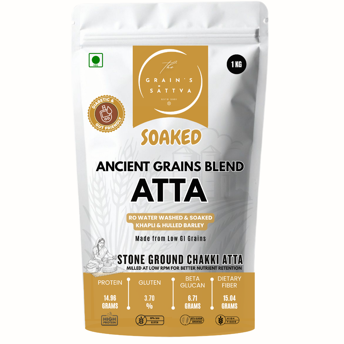 ACTIVATED ANCIENT GRAINS DIABETIC FRIENDLY ATTA ( Soaked Khapli Wheat & Hulled Barley | Low GI, Easy to Digest & High Fiber)