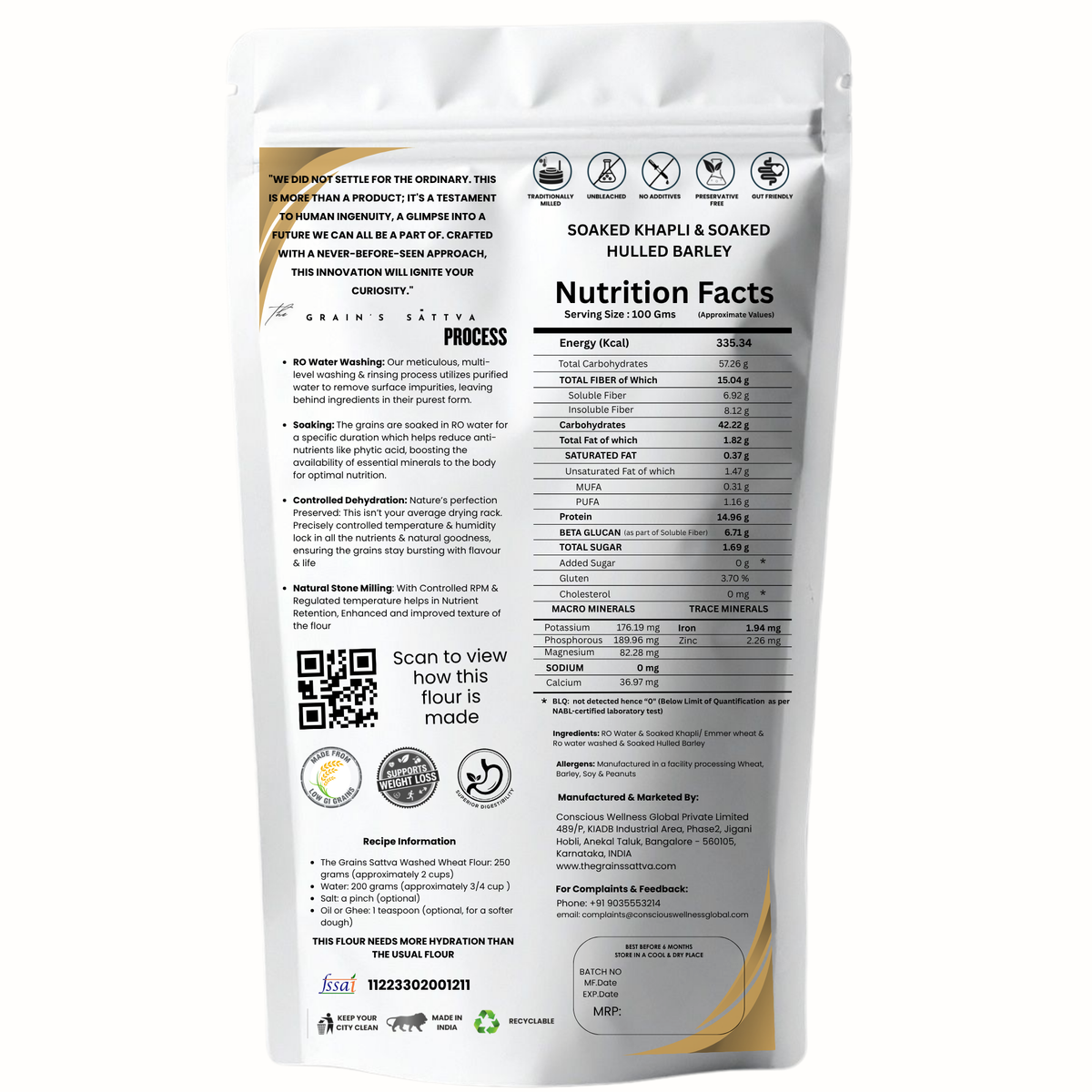 ACTIVATED ANCIENT GRAINS DIABETIC FRIENDLY ATTA ( Soaked Khapli Wheat & Hulled Barley | Low GI, Easy to Digest & High Fiber)