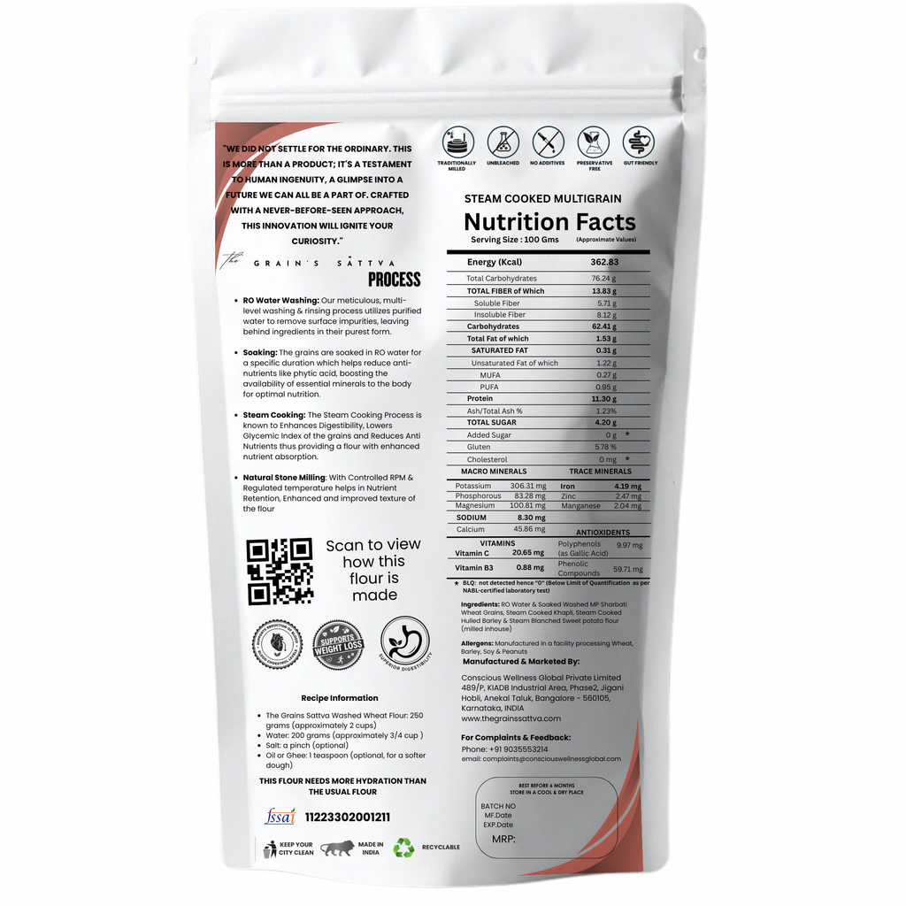 STEAM COOKED ATTA (with Khapli, Hulled Barley & Sweet Potato  – Diabetic Friendly, High Fiber for Weight Management)